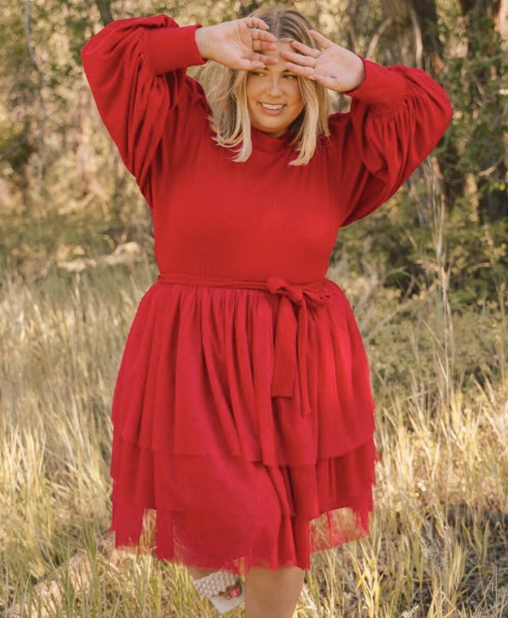 Ivy City Co Cosette Knit Long Balloon Sleeve Tiered Tulle Short Dress Red 4X